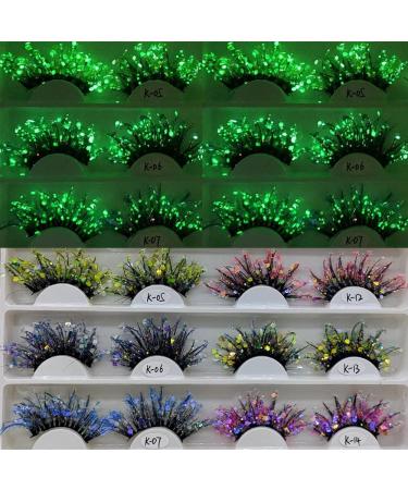 Lilishop Luminous Glitter Lashes Glow Under Light Fluffy Fiber Dramatic Shining Colored Lash Extensions Costume Cosplay Decorative Eyelashes Strip Sparkly Mermaid Queen Art DIY Sequins Makeup K2