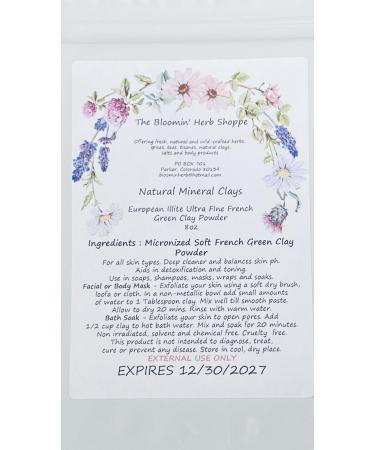 Illite Green Clay Powder Premium | 8oz | Micronized ultra soft | Pure French Green | The Bloomin Herb Shoppe | Cleanse exfoliate detox mask wrap soak soap shampoo