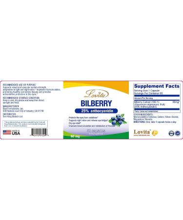 High Strength Lovita Bilberry Extract Capsules - 6000mg Equivalent - 25% Anthocyanins - Eye Health & Support - 60ct - Buy Online on GoSupps.com