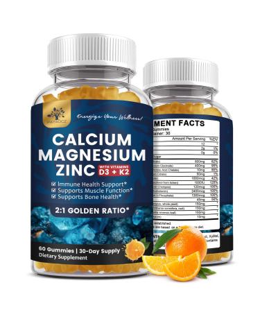 (2 Pack) Calcium Magnesium Zinc Gummies with Vitamin D3 K2 B12 & B6 for Adults Sugar Free Magnesium Glycinate with Potassium Sea Moss Supplement Calcium Citrate for Bone Mood & Sleep Support