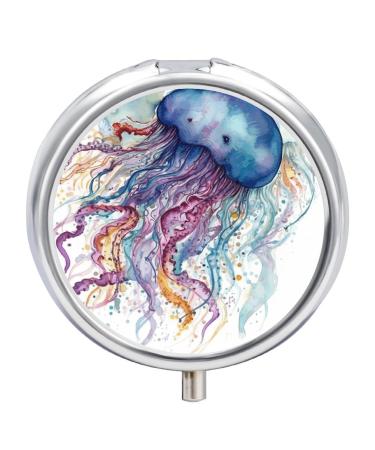 Round Pill Box Watercolor Jellyfish Print 3 Compartment Medicine Pill Case Print Pill Organizer Decorative Metal Portable Pill Box Pocket Pill Box Style-8