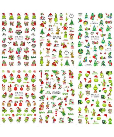 Christmas Nail Art Sticker Christmas Nail Decals 3D Self Adhesive Nail Supplies Christmas Nail Stickers Green Monster Nail Designs Winter Xmas Holiday for Nail Decoration DIY Nail Decoration 6 Sheets
