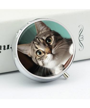 Curious Cat Print Round Pill Box - 3 Compartment Decorative Metal Organizer for Traveling | Ideal Pocket Pill Case - Buy Online on GoSupps.com