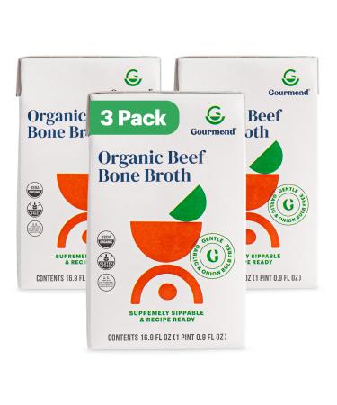 Gourmend Foods Organic Beef Broth | Low FODMAP Certified | Deliciously Digestible, Gut Friendly, IBS Friendly | Onion & Garlic Bulb Free | Unsalted  No Fillers or Preservatives | 16.9 Ounce (Pack of 3) 3 Pack