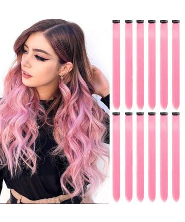 12 PCS Pink Hair Extensions Clip in, Colored Party Highlights Extension for Kids Girls Synthetic Hairpiece Straight 22 inch