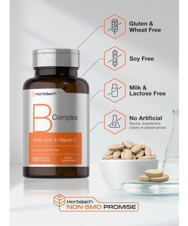 Horbaach B Complex Vitamins for Women and Men | 150 Caplets | with Folic Acid & Vitamin C | Non-GMO & Gluten Free Supplement - Buy Online on GoSupps.com