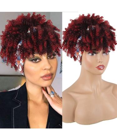 Aisaide Short Curly Wigs for Black Women Headband Wigs with Bangs Red Head Wrap Wigs Kinky Curly Afro Wig with White Scarf Wig Ombre Burgundy Wigs Synthetic Curly Hair Wigs with Headwrap Scarf Kinky B-1B/bug