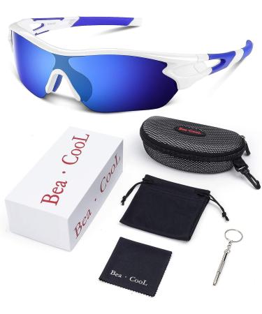 Polarized Sports Sunglasses - Bea CooL TAC Glasses for Baseball, Cycling, Running - White Blue - Buy Online on GoSupps.com
