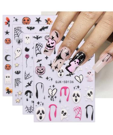 JMEOWIO 3D Embossed Halloween Nail Art Stickers Decals Self-Adhesive 5D Cute Star Ghost Pumpkin Nail Supplies Nail Art Design Decoration Accessories 4 Sheets