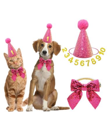 IDOLPET Dog Cat Birthday Hat Dog Cat Girl Boy Birthday Party Hat with Cute Bow Tie for Small Medium Puppies Dogs Cats Dog Wedding Collar Outfit (Pink)