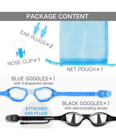 Cooloo Swimming Goggles for Men | 2-Piece Set with UV Protection Anti-Fog & Adjustable Belt | Comfortable Adult Swim Goggles - Blue & Black Mirrored Lens - Buy Online on GoSupps.com