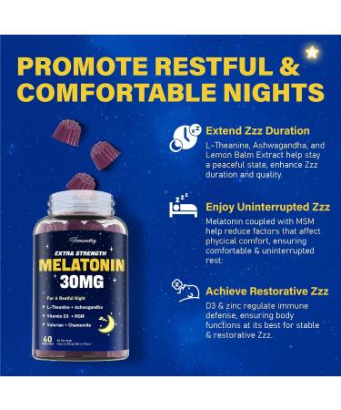 Melatonin Gummies 30mg for Adults: Maximum Strength Melatonin Supplement with L-Theanine Ashwagandha MSM Vitamin D3 & Zinc - Non-Habit Forming Natural Mixed Berry Flavor 60 Count (Pack of 2) Mixed Berry 60 Count (Pack o  - Buy Online on GoSupps.com