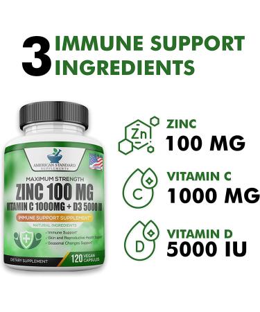 Immune Support Supplement with Zinc 100mg, Vitamin C 1000mg, Vitamin D 5000IU - 120 Vegan Capsules - Buy Online on GoSupps.com