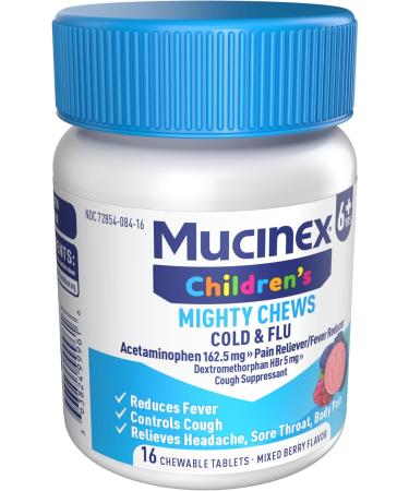 Mucinex Children's Mighty Chews Cold and Flu Medicine Easy to Dose Children's Acetaminophen & Dextromethorphan Kids Cough Medicine Ages 6+ Mixed Berry Flavor 16 Medicated Chewable Tablets Day 16 Count (Pack of 1) - Buy Online on GoSupps.com