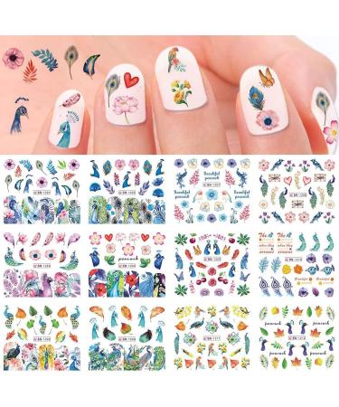 Peacock Nail Sticker Decal Set - 12 Pcs Colorful Blue Purple Leaf Flower Designs for Holiday Nail Art - DIY Nail Decoration for Women and Girls - Buy Online on GoSupps.com