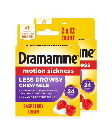 Dramamine Motion Sickness Less Drowsy Chewable Raspberry Cream Flavored 12 Count 2 Pack 24 Count