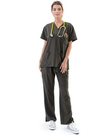 BASIC APPAREL USA Women's Medical Uniform Scrubs Set  4 Way Stretch 8 Pocket V-Neck Top with Drawstring Pants Nursing Dental Army 2XL