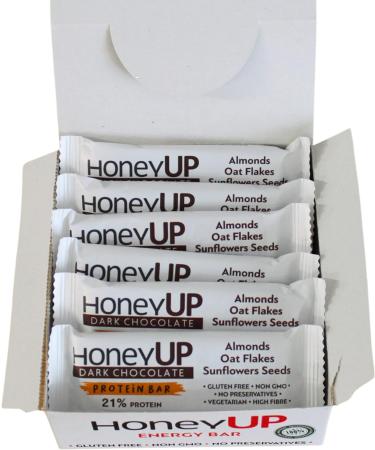HoneyUP Dark Chocolate Protein Bar with Almonds, Oat Flakes & Sunflower Seeds - 12 Bars x 40g Display Box - Dark Chocolate Mix - Buy Online on GoSupps.com