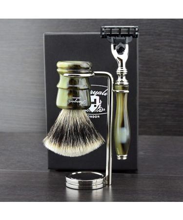 Luxury Men's Shaving Set - 3 Edge Safety Razor Silver Tip Badger Brush Double Stand - Perfect Gift for Him - Buy Online on GoSupps.com
