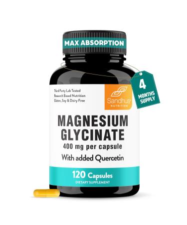 Magnesium Glycinate 400mg High Absorption Capsules with Quercetin | Quality Sleep Relaxation & Muscle Health Supplement for Women and Men | Chelated Magnesium 120 Count (Pack of 1) | Easy to Swallow