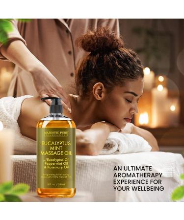Majestic Pure Eucalyptus Mint Massage Oil 8 fl oz - Refreshing & Relaxing Therapeutic Blend - Natural Oils for All Skin Types - Made in USA - Buy Online on GoSupps.com