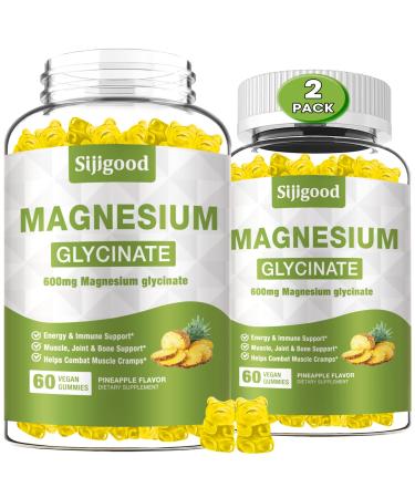 2 Pack Magnesium Glycinate Gummies 600mg Relaxation & Zzz Support Magnesium Potassium Supplement for Adults and Kids Sugar-Free Vitamin C B6 B12 D3 and CoQ10 Pineapple Flavor 120 Count Pineapple 60 Count (Pack of 2)