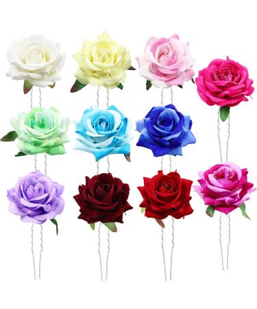 11 Pack Handmade Rose Flower Hair Pins U Shaped Bobby Pins Long Fork Chopsticks Picks Shawl Pin Bun Ponytail Holder Slide Hair Clips Women Wedding Bridal Party Decorative Hairstyles Accessories