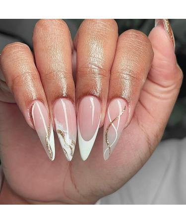 Mouyouglow press on nails short almond pink nude white French gold glitter wave line fake nails with nail glue almond white tip wavy artificial fingernails ... bba3