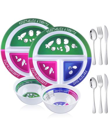 4 Pieces Portion Control Plate Bowls with 2 Pairs Stainless Steel Silverware Flatware 8.5 Inch Self Measuring Divided Plate Diet Plates Bowls for Weight Loss Balanced Eating Adults