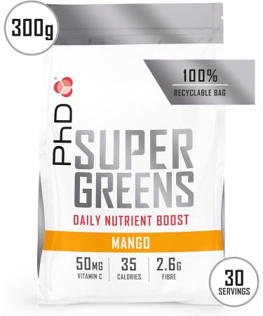 PhD Nutrition Super Greens Powder Mango Flavour - 300g High Fiber Low Sugar Blend of 18 Nutrient-Rich Fruits & Vegetables - Buy Online on GoSupps.com
