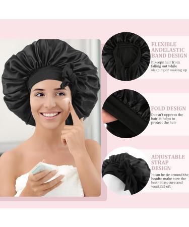 Silk Sleep Hood Bonnet Set - 2 Adjustable Satin Sleeping Caps with Hair Ties - Women's Sleepwear (Black & Pink) - Buy Online on GoSupps.com