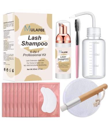 MULAFEE Lash Shampoo for Eyelash Extension Lash Extension Cleanser Lash Shampoo Kit 60 ML+Rinse Bottle+Cleansing Brush+Mascara Wand+Reusable Cleaning Pad & Under Eye Pads for Salon Use and Home Care