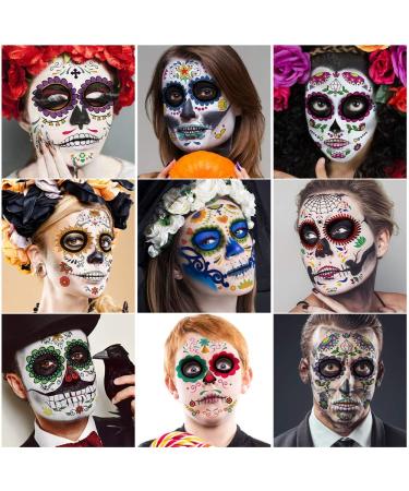 Day of the Dead Sugar Skull Face Tattoos - 10 Sheets Halloween Temporary Makeup for Women/Men/Adults - Dia De Los Muertos Party Costume Stickers - Buy Online on GoSupps.com