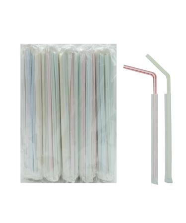 FOREVERIE 500 Counts Individually Wrapped Disposable Straws Plastic for Drinking Flex & Bendy Common 0.24 Inch Calibre 8.27 Inches Length Striped Color Soft Thin Bulk Package