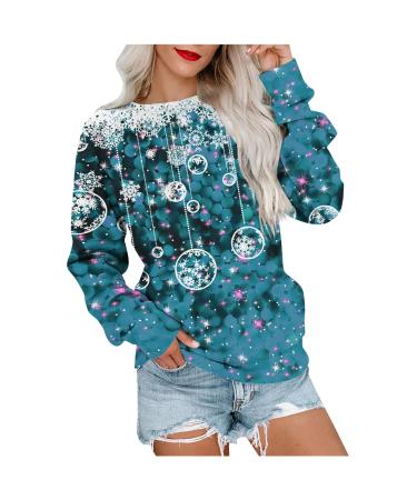 Women Xmas Pulli Top Christmas Sweater Pullover Blous Santa Claus sweater Festy tops Ugly elk printed long arm t shirts sweatshirt 2-blue m