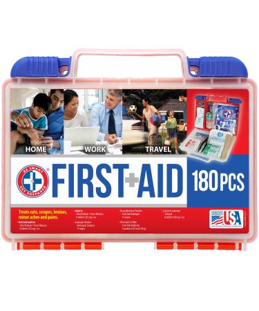 Be Smart Get Prepared 180 Piece First Aid Kit: Clean, Treat, Protect Minor Cuts, Scrapes. Home, Office, Car, School, Business, Travel, Emergency, Survival, Hunting, Outdoor, Camping & Sports, FSA HSA 180 Piece Set