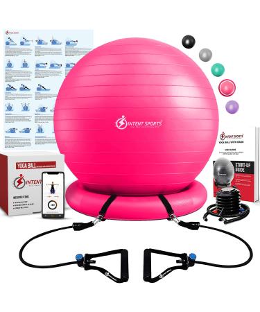 INTENT SPORTS Yoga Ball Chair  Stability Ball with Inflatable Stability Base & Resistance Bands, Fitness Ball for Home Gym, Office, Improves Back Pain, Core, Posture & Balance (65 cm) Pink