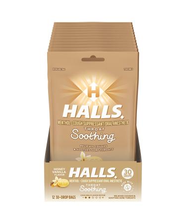 HALLS Throat Soothing Honey Vanilla Cough Drops 12 Bags of 30 Drops (360 Total Drops)