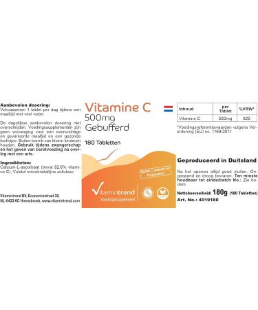 Vitamine C Tamponn e 500mg Facile dig rer - Ascorbate de Calcium 500mg V gan - Boite de 180 comprim s - ! POUR 6 MOIS ! | Vitamintrend  - Buy Online on GoSupps.com