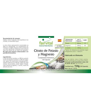 Fairvital | Citrate Potassium Magnesium - Highly dosed - with 900mg of Potassium and 240mg of Magnesium per daily dose - VEGAN - 120 capsules - Buy Online on GoSupps.com