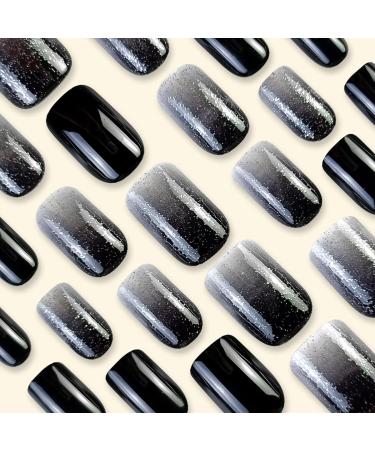 Square Press on Nails - Short Black White Gradient Glitter Full Cover Acrylic - 24 Pcs Stick On Nails for Women & Girls - Buy Online on GoSupps.com