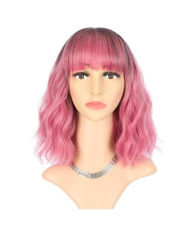 FAELBATY Ombre Red Wig With Bangs Short Wave Bob Synthetic Wig Cosplay Wig for women Halloween Wig Costume Wigs (12" Ombre Rose Red Color) ombre black rose red