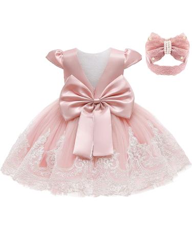 keaiyouhuo Baby Girls Lace Backless Tulle Princess Dresses Wedding Pageant Party Christening Dress with Bowknot Headwear 6-12 Months Baby Pink