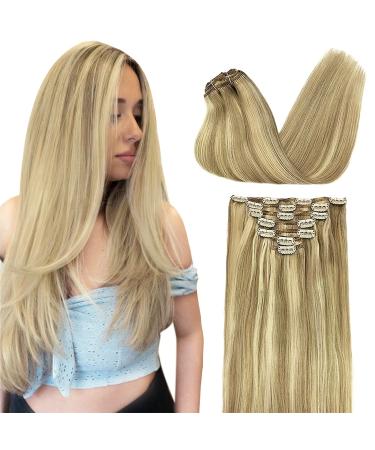Doores hair extensions real hair light blonde highlights gold blonde 60cm 24 inch 7 pieces 120g remy clip in hair extension straight real hair extensions clip natural real hair extensions 60cm-12m-12m-12m-120g #16/2 light blonde highlights golden blonde