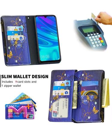 Miago Blue Butterfly Leather Wallet Case for Huawei Y6 2019 - 9 Card Slots Colorful Zip Flip Protective PU Cover - Buy Online on GoSupps.com