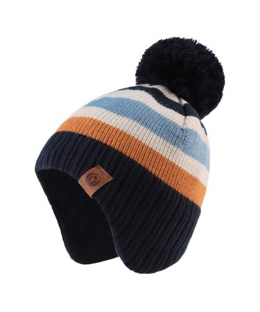 XIAOHAWANG Knitted Baby Hat Winter Warm Boys Girls Beanie Fleece Lining Toddler Kids Hat with Pompom 4-7 Years Navy Striped Hat - Buy Online on GoSupps.com