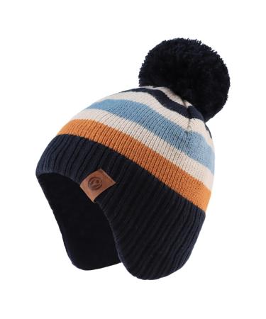 XIAOHAWANG Knitted Baby Hat Winter Warm Boys Girls Beanie Fleece Lining Toddler Kids Hat with Pompom 9-24 Months Navy Striped Hat