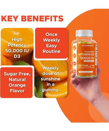 Vitamatic Sugar Free Vitamin D3 50,000 IU Weekly Supplement - 120 Pectin Based Gummies - Vitamin D Capsules for Bones, Teeth, and Immune Support (50000 IU) - 2 Pack - Buy Online on GoSupps.com
