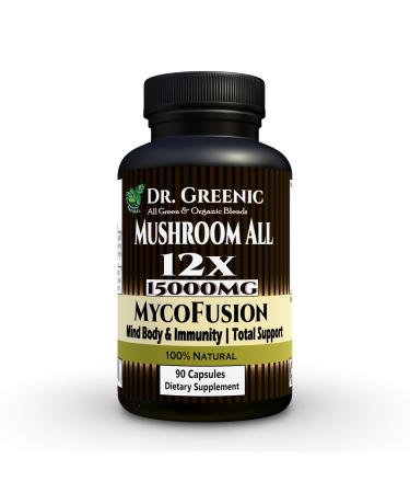 Dr. Greenic Mushroom All 12X 12 in 1 Premium Mushrooms 20:1 Extract Blend Supplement 90 Capsules | One Capsule 90 Serving | 15000MG Equivalent Raw Mushroom Complex | Ultra-Potent 12 Mushrooms Ext