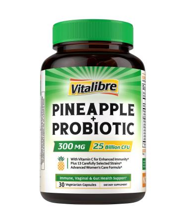 Vitalibre Pineapple + Probiotic 300 mg 25 Billion CFUs 13 Strains Natural Vitamin C Powerful Antioxidants for Immunity Vaginal Gut Health 30 Vegan Capsules Non GMO
